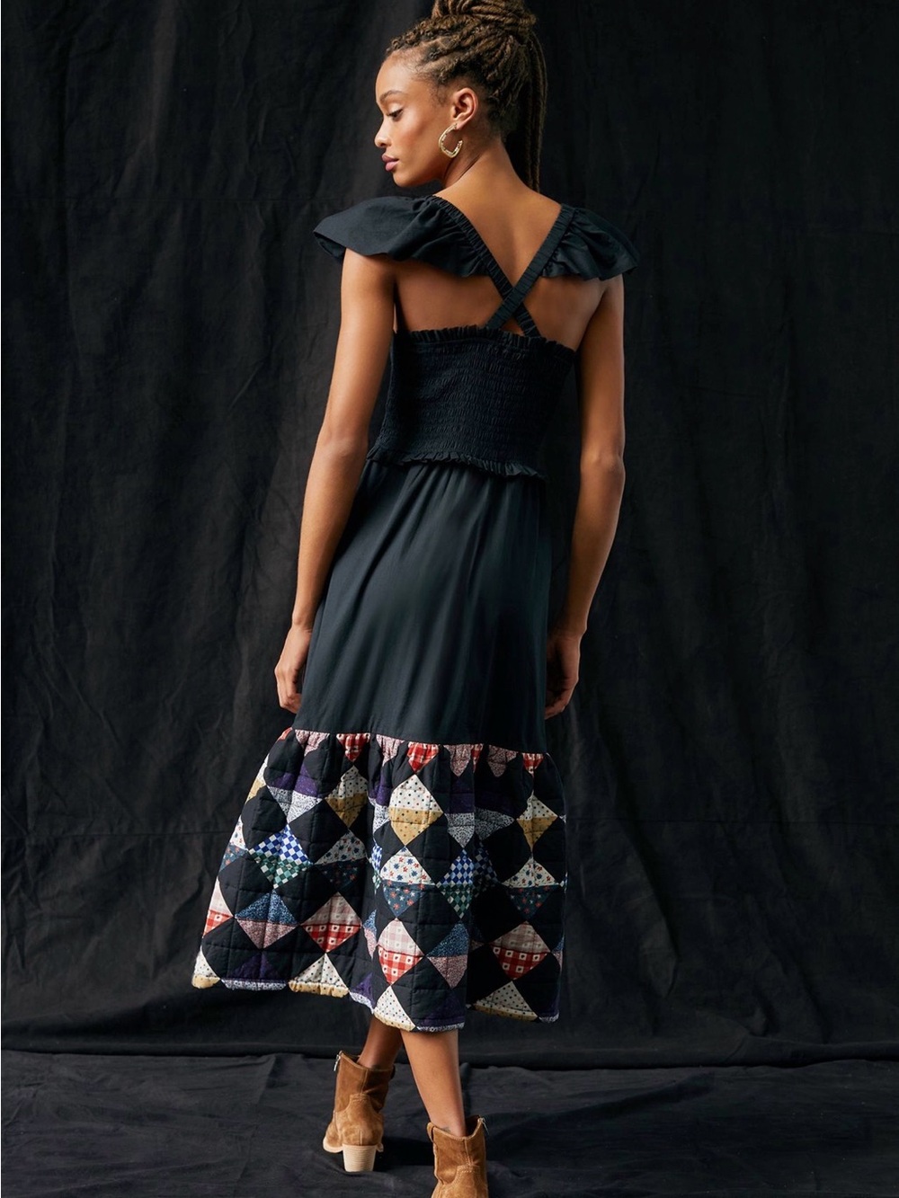 Anthropologie Othilia Quilted Patchwork Midi Dress SZ M Black